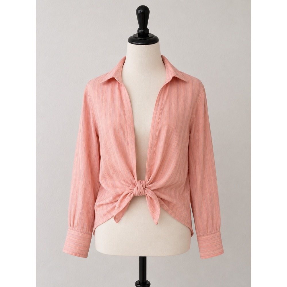 POPVIL Pink Striped Tie Front Blouse Cottagecore Coastal Cover Up‎